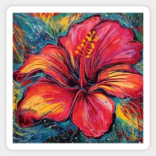 Red and Orange Hibiscus Flower in art brut style Sticker